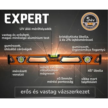 EXPERT Mágneses vízmérték 3 libellával (Több méretben) 40cm