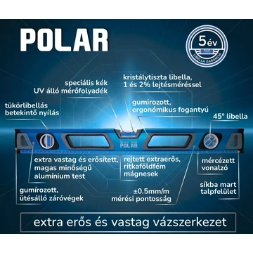 POLAR Mágneses vízmérték 3 libellával + Tükörlibellával (Több méretben) 30cm