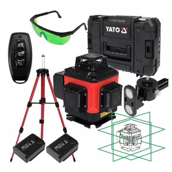 YATO 4D Vonallézer 1/4", zöld, IP52, 520-530nm, 25m (2x2,4Ah/3,7V) + állvány 1m