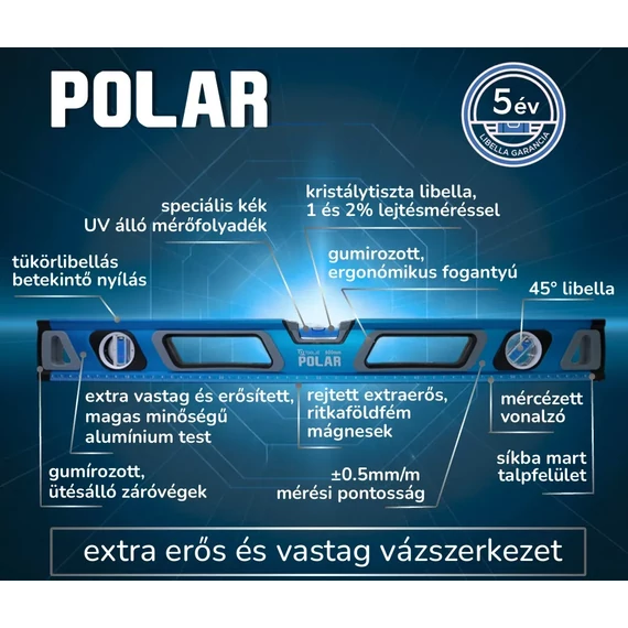 POLAR Mágneses vízmérték 3 libellával + Tükörlibellával (Több méretben) 30cm