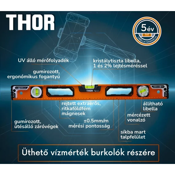 THOR Üthető és mágneses vízmérték állítható libellával (Több méretben) 40cm